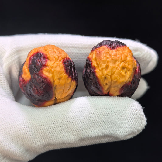 "Earth-Muffled Rainbow Little Flat-Top Toad" (Qi Cai Xiao Ping Tou Chan Di Men) Scholar Walnuts Pair | 25.0mm x 30.0mm | Miniature Pocket Format (Shou Nian) | Stock ID: QCCDM-101SY