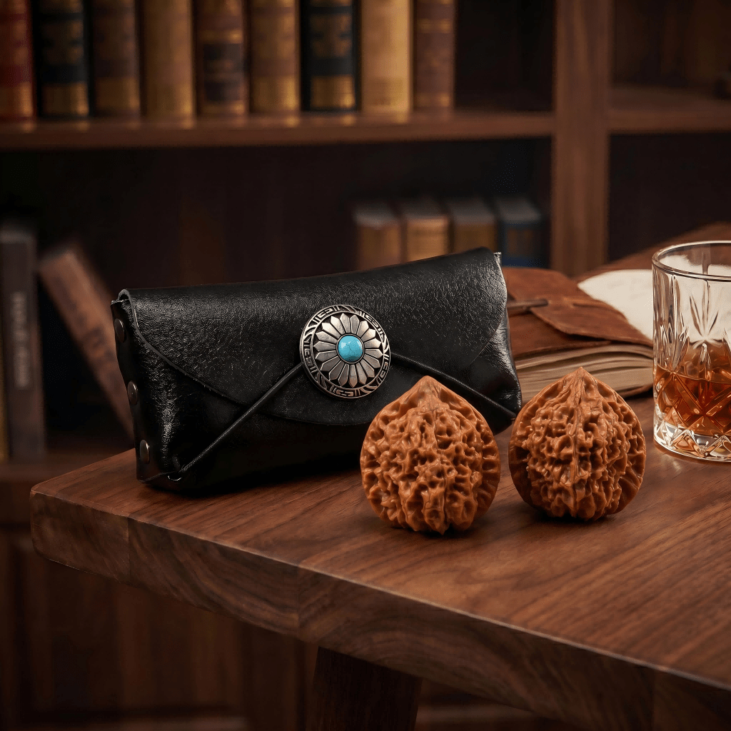 Premium Leather Wenwan Walnut Pouch – Vintage Concho Dual-Compartment Carrying Case - ThePatinaProject