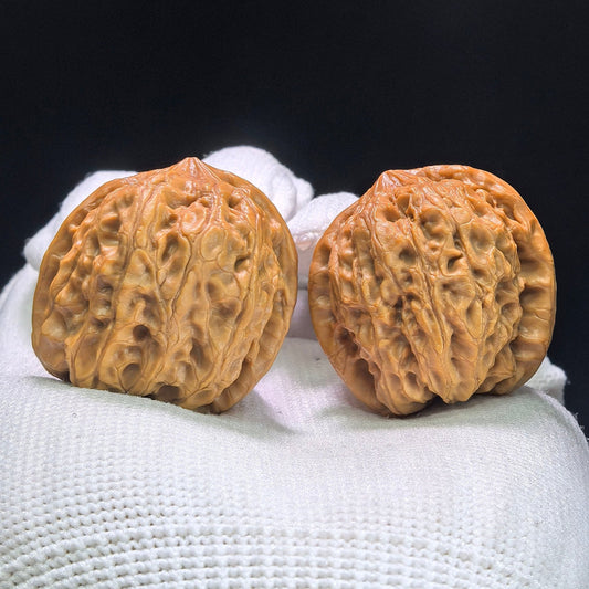 "Rain Flower Stone" Yuhuashi Hand-Twist Shou Nian Wenwan Walnuts (Pair) | 31.0mm x 31.0mm | Stock ID: YHS-1404 - ThePatinaProject