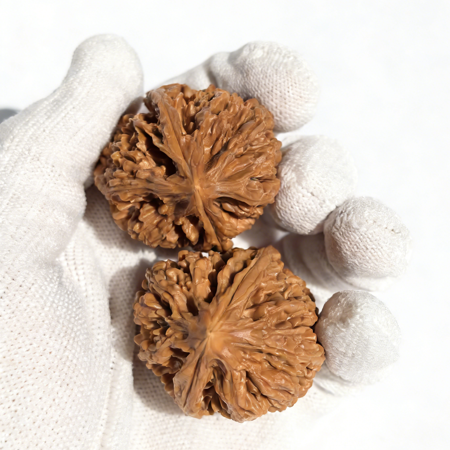 Walnut hand exercisers with high-relief "Nine Dragon Sinews" texture, 35mm collector’s pair, by The Patina Project.