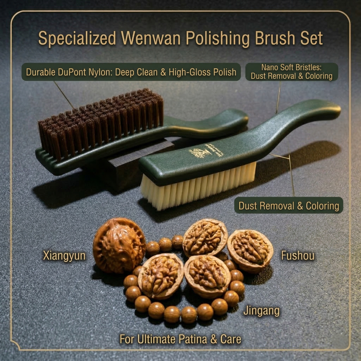 Zen Walnut Patina Brush Set by ThePatinaProject for Wenwan collectors, featuring dual-action cleaning and polishing tools with two brushes.