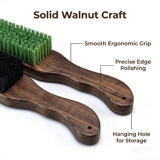 Pair of Zen Walnut care brushes from ThePatinaProject for patina projects, featuring natural wood handles and soft bristle heads.