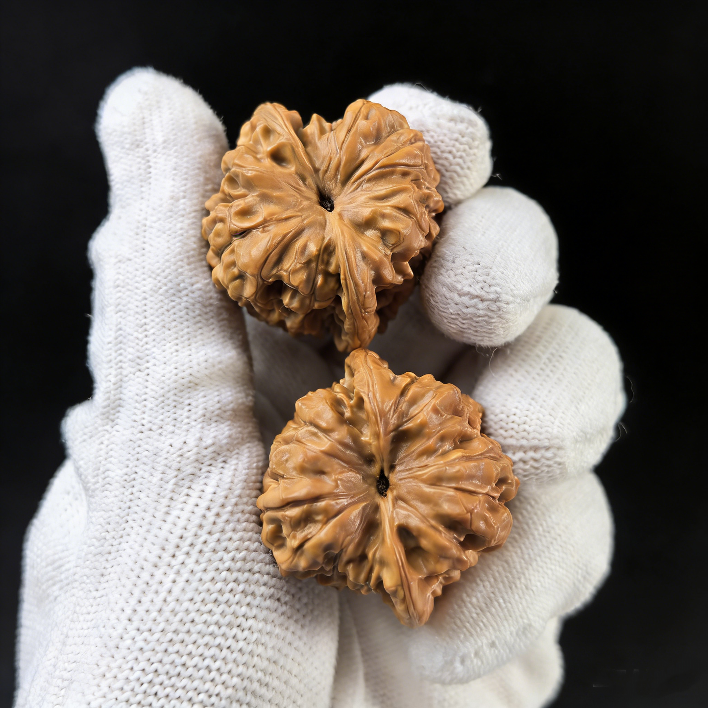 Walnut hand exercisers by ThePatinaProject, featuring the Imperial "Mini-Guanmao" official's hat design, 35mm collector’s edition.
