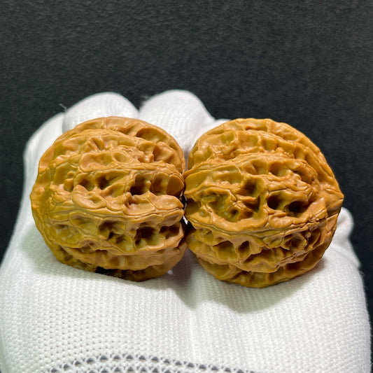 Pair of ThePatinaProject Walnut Hand Exercisers, "Apple Round" PGY-603, 38mm by 37mm, showing smooth polished walnut surfaces.