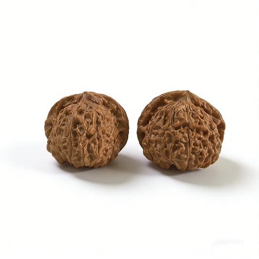 Walnut hand exerciser pair shaped like pumpkins, 40mm size, from ThePatinaProject Nan Gua Dun collection, showing textured surface.