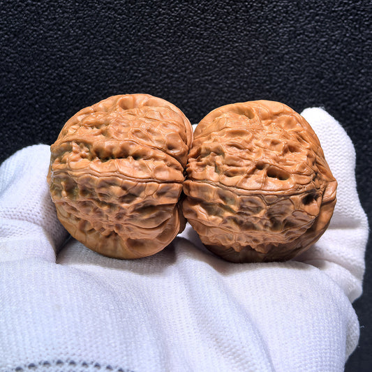 Pair of Walnut Hand Exercisers labeled Pumpkin Squat, 42mm x 42mm, from ThePatinaProject, with textured walnut surface for grip.