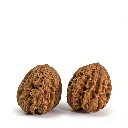 Pair of Bao Xue "Snowstorm" Wenwan Walnut Hand Exercisers with intricate fractal textures, designed for hand therapy and stress relief.