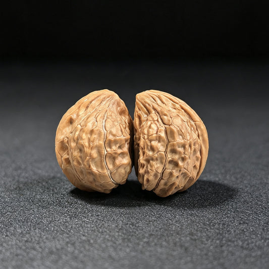 "Tortoise-Shell Hawk-Beak Half-Wall" (Gui Jia Wen Ying Zui Ban Bi) Scholar Walnuts Pair | Same-Fruit Biological Twin Pair | 26.0mm x 35.0mm | Miniature Pocket Format (Shou Nian) | Stock ID: GJW-SY1B7