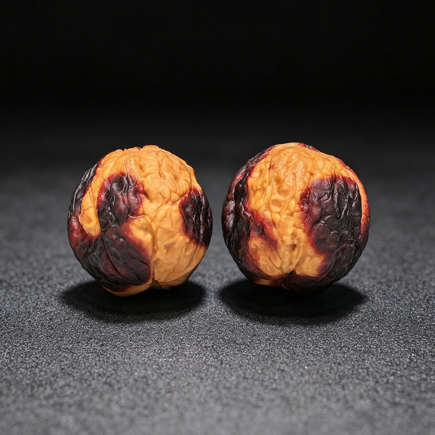 "Earth-Muffled Rainbow Little Flat-Top Toad" (Qi Cai Xiao Ping Tou Chan Di Men) Scholar Walnuts Pair | 25.0mm x 30.0mm | Miniature Pocket Format (Shou Nian) | Stock ID: QCCDM-101SY