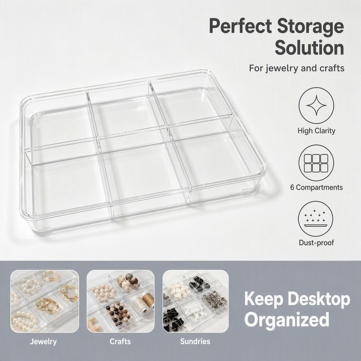 6-Compartment Clear Acrylic Storage Organizer | Dust-Proof Desktop Organizer Box with Hinged Lid for Jewelry, Beads, Crystals & Craft Supplies - ThePatinaProject