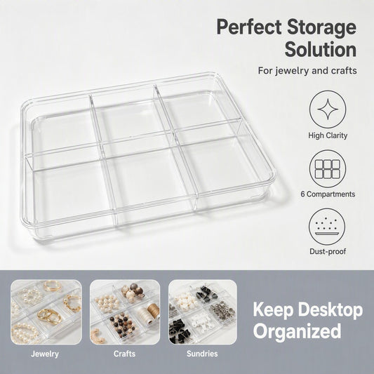 6-Compartment Clear Acrylic Storage Organizer | Dust-Proof Desktop Organizer Box with Hinged Lid for Jewelry, Beads, Crystals & Craft Supplies - ThePatinaProject
