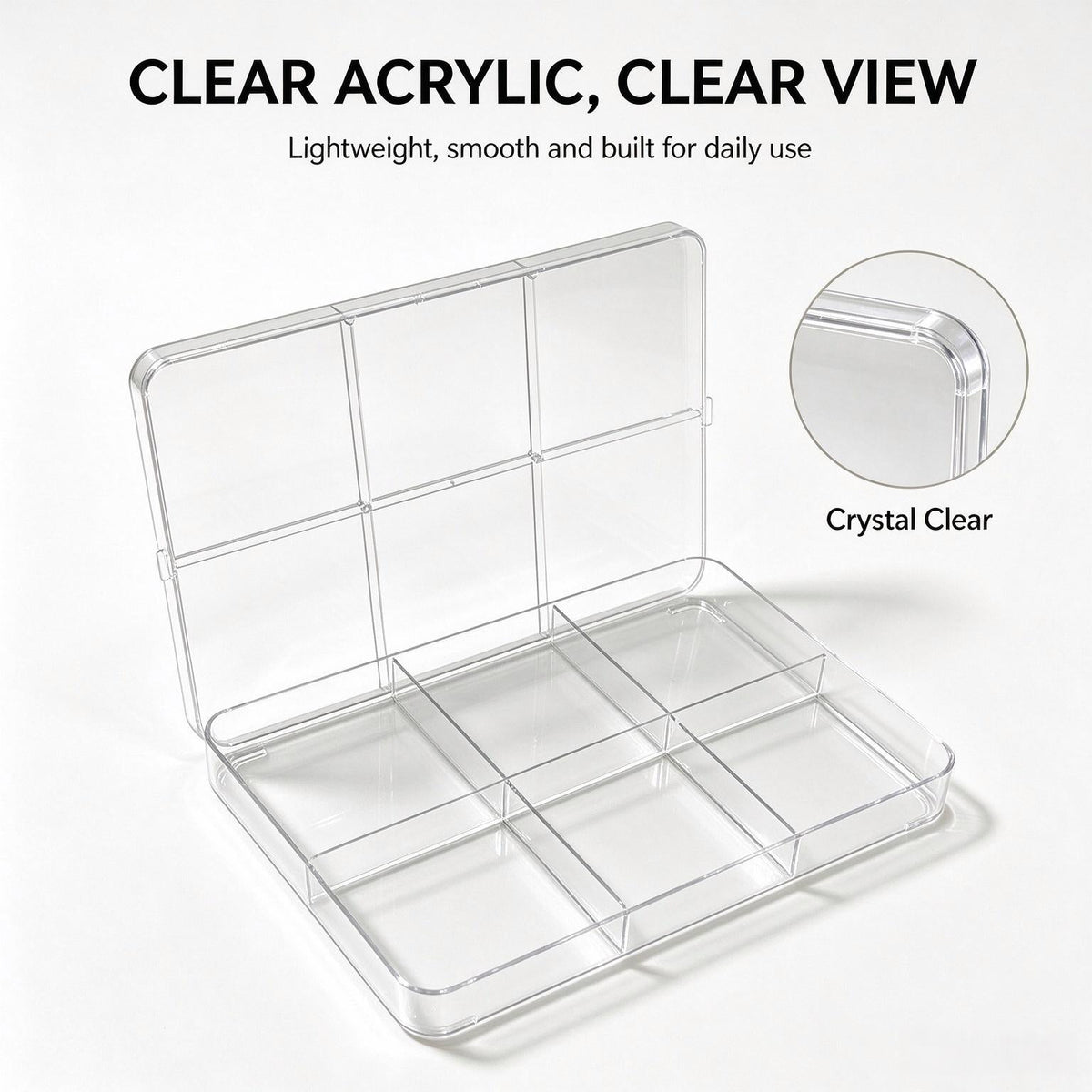 6-Compartment Clear Acrylic Storage Organizer | Dust-Proof Desktop Organizer Box with Hinged Lid for Jewelry, Beads, Crystals & Craft Supplies - ThePatinaProject