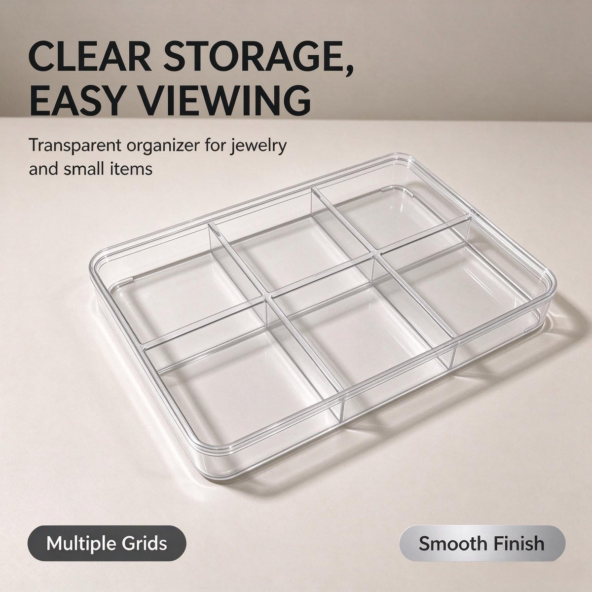 6-Compartment Clear Acrylic Storage Organizer | Dust-Proof Desktop Organizer Box with Hinged Lid for Jewelry, Beads, Crystals & Craft Supplies - ThePatinaProject