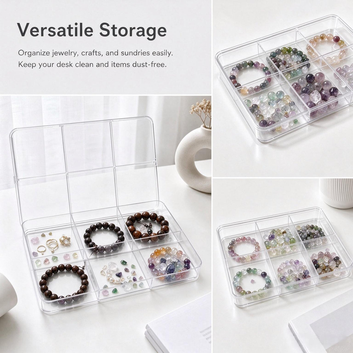 6-Compartment Clear Acrylic Storage Organizer | Dust-Proof Desktop Organizer Box with Hinged Lid for Jewelry, Beads, Crystals & Craft Supplies - ThePatinaProject