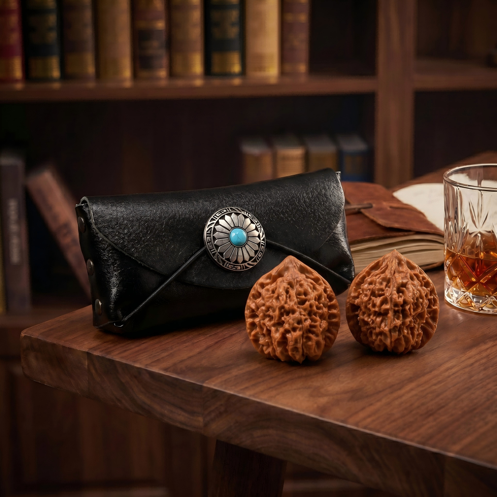 Premium Leather Wenwan Walnut Pouch – Vintage Concho Dual-Compartment Carrying Case