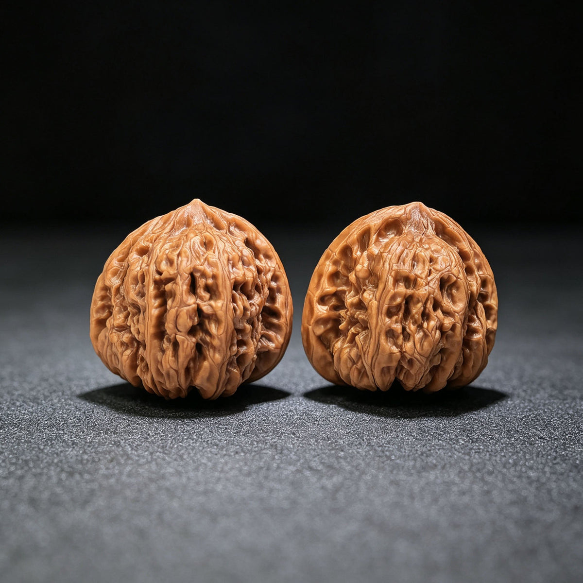 Broad-Bodied Concave-Base Pinggu Wenwan Walnut Pair — 37.0mm x 38.0mm | PGAD-SY1B8 - ThePatinaProject