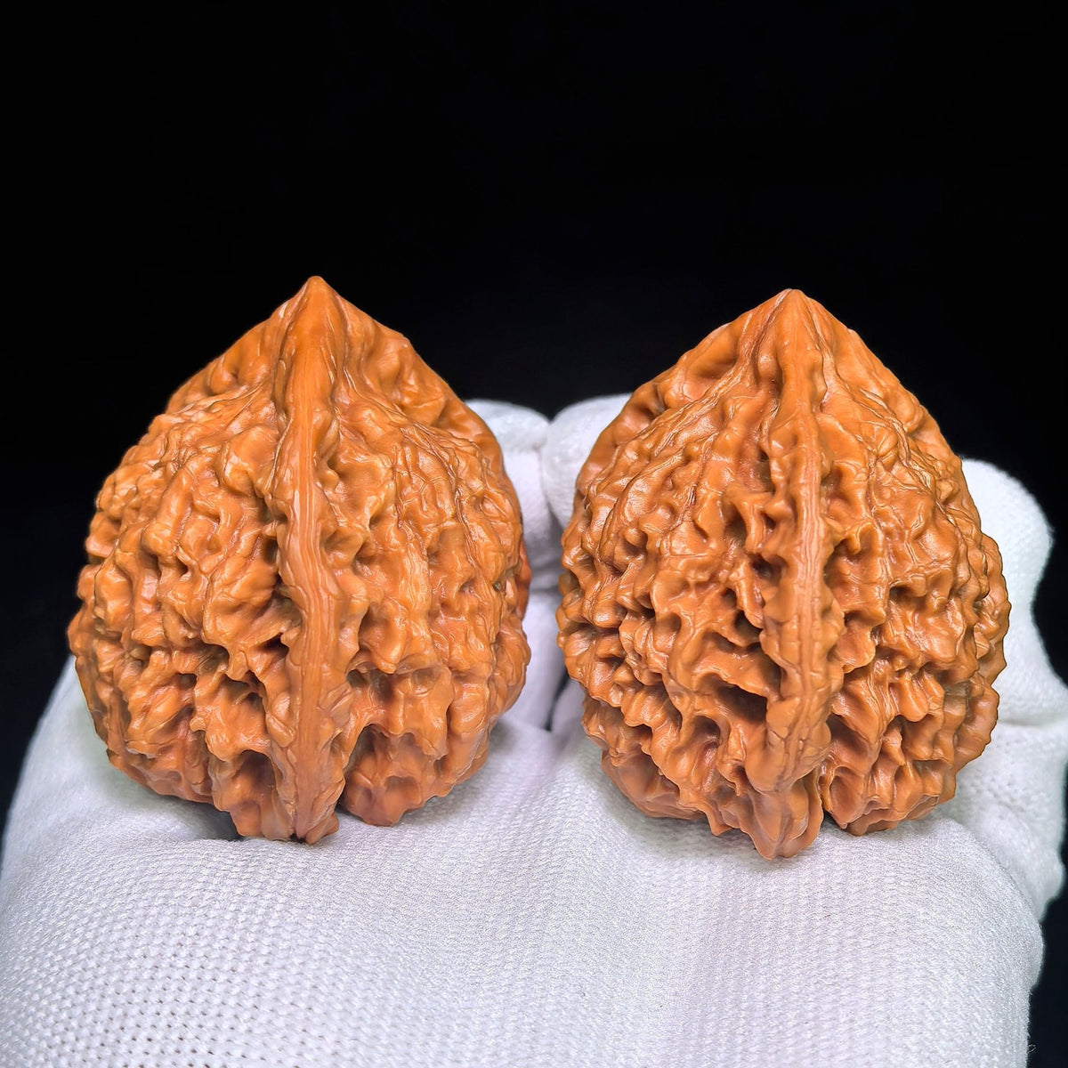 Collector Grade Qilin-Pattern Three-Ridged “Mercedes Star” Scholar Walnut Pair — 45.0mm x 44.0mm | QLWSN-CWA5E - ThePatinaProject