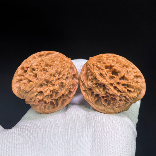 “Golden Qilin” Tian Can Jiao Wenwan Walnut Pair | Sculptural Irregular Form | 41.0mm × 40.0mm | JQL-C1D8E - ThePatinaProject