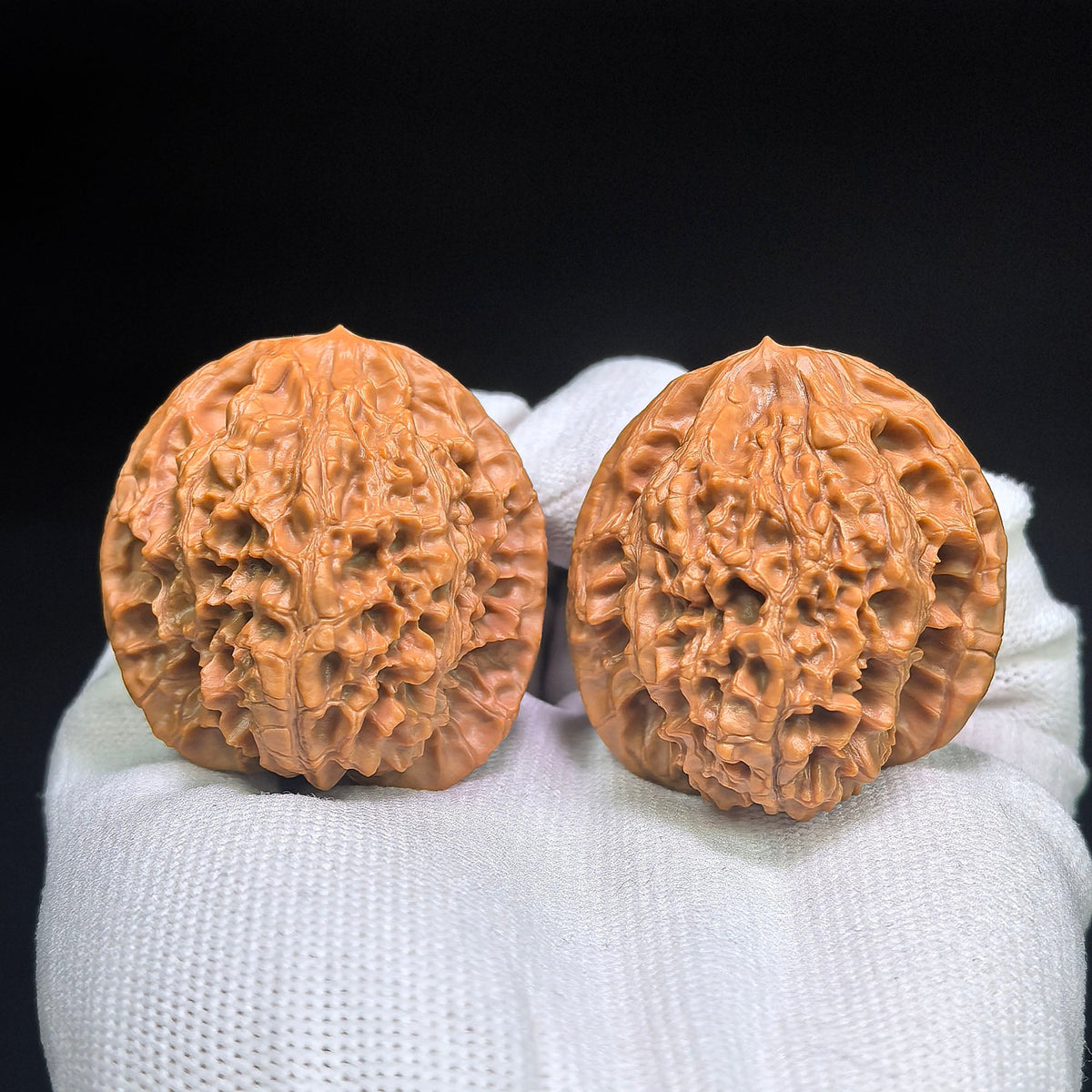 “Golden Qilin” Tian Can Jiao Wenwan Walnut Pair | Sculptural Irregular Form | 41.0mm × 40.0mm | JQL-C1D8E - ThePatinaProject