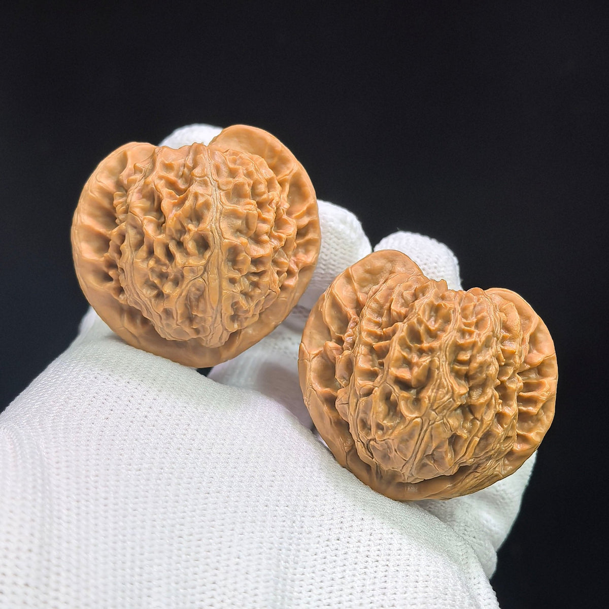 Heart-Shaped Deep-Textured Palace Lantern Wenwan Walnut Pair — 39.0mm x 34.0mm | TXGD-17C3C - ThePatinaProject