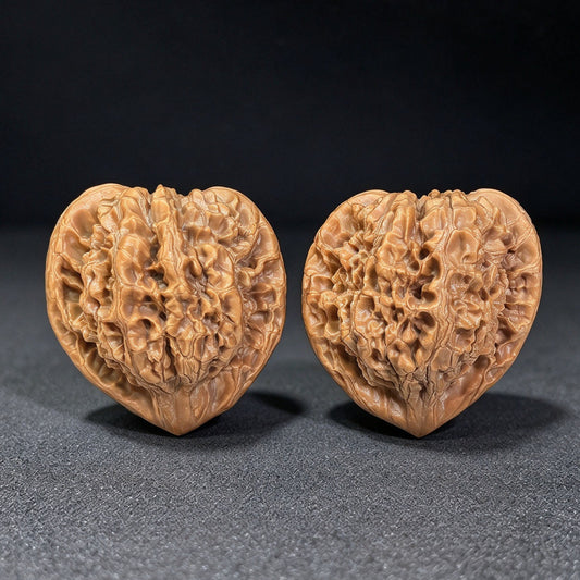 Imperial Qilin-Pattern Concave-Base Longevity Peach Wenwan Walnut Pair — 49.0mm x 45.0mm | QLWD-C1D3E - ThePatinaProject