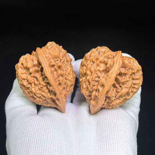Imperial Qilin-Pattern Concave-Base Longevity Peach Wenwan Walnut Pair — 49.0mm x 45.0mm | QLWD-C1D3E - ThePatinaProject