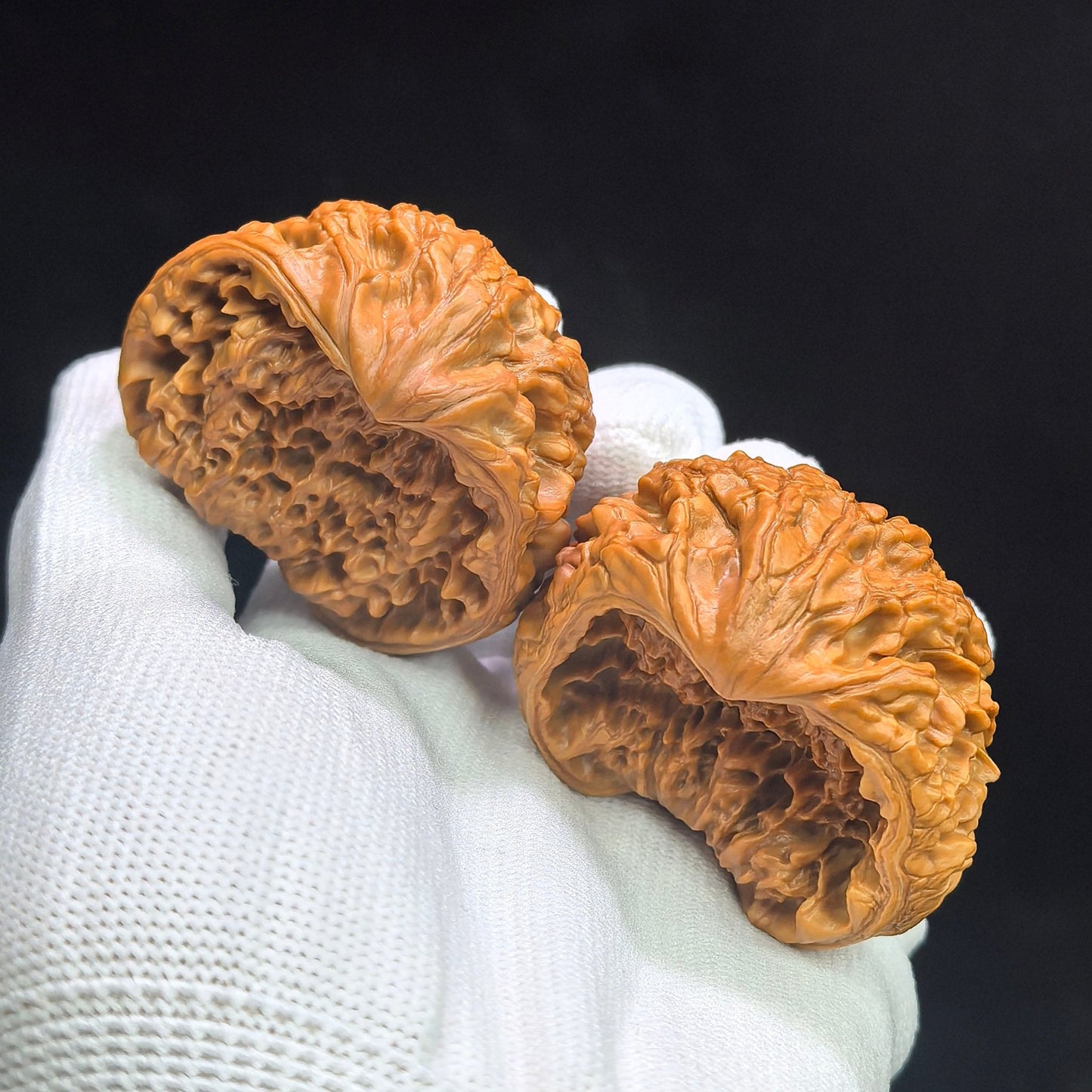 "Kylin Pattern Wealth Bowl Coiled Snake" Qilinwen Jubaopan Panshe QLW-CG240E Wenwan Walnuts Collector Pair | 48.0mm x 35.0mm | Stock ID: QLW-CG240E - ThePatinaProject