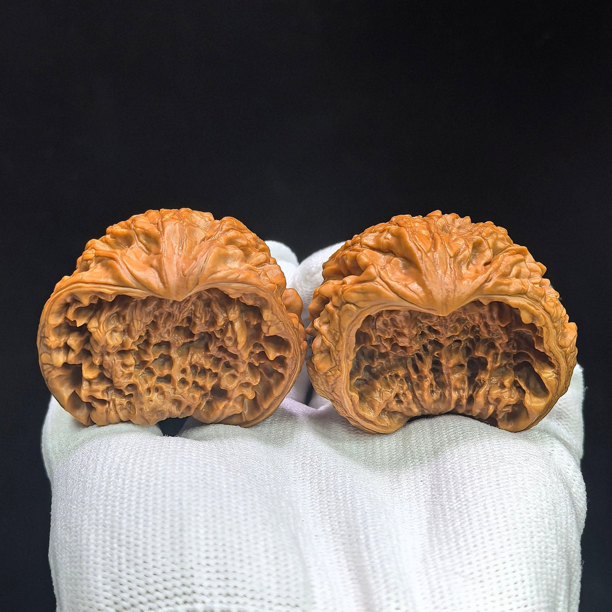 "Kylin Pattern Wealth Bowl Coiled Snake" Qilinwen Jubaopan Panshe QLW-CG240E Wenwan Walnuts Collector Pair | 48.0mm x 35.0mm | Stock ID: QLW-CG240E - ThePatinaProject