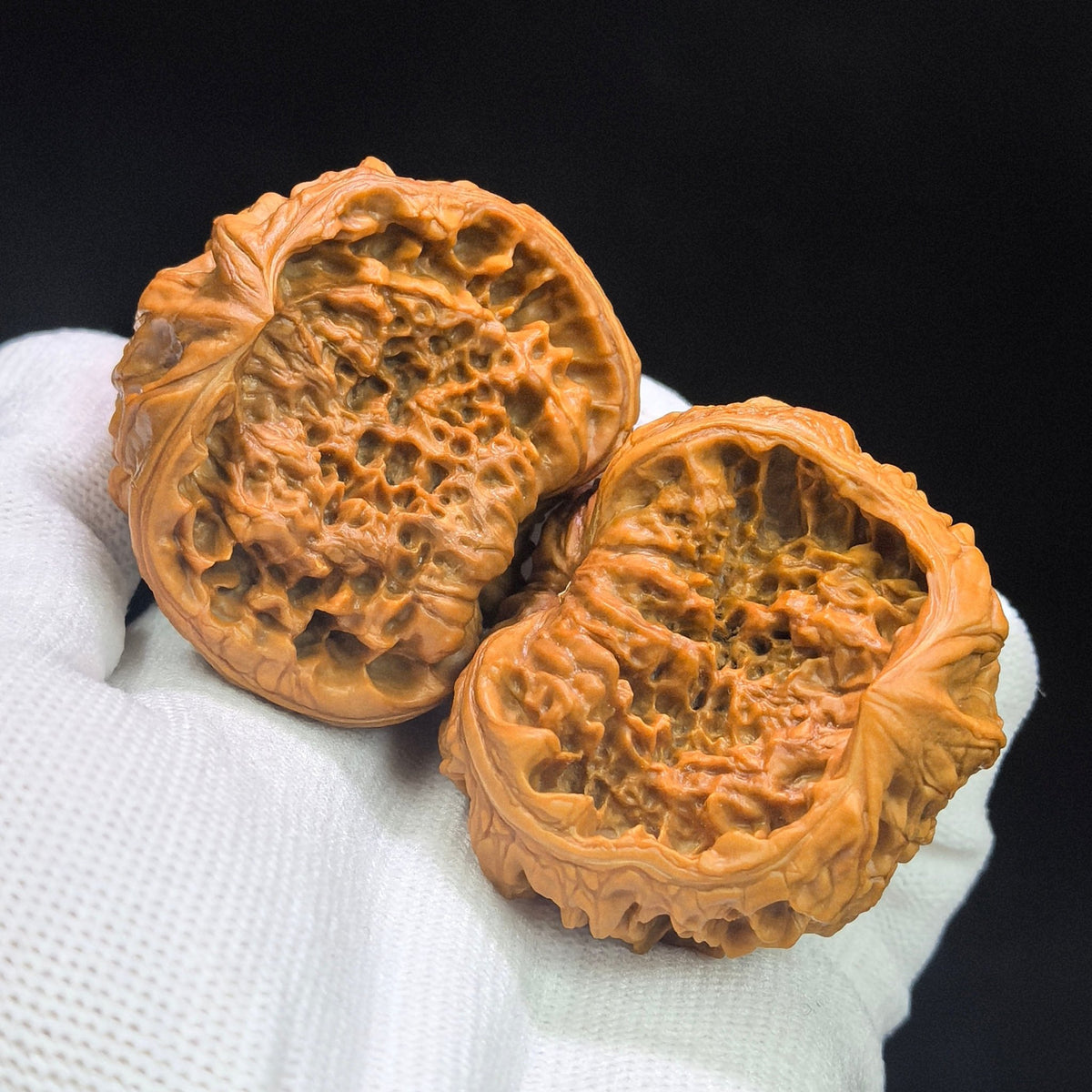 "Kylin Pattern Wealth Bowl Coiled Snake" Qilinwen Jubaopan Panshe QLW-CG240E Wenwan Walnuts Collector Pair | 48.0mm x 35.0mm | Stock ID: QLW-CG240E - ThePatinaProject