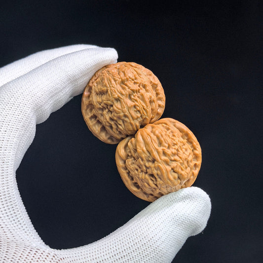 Miniature Round-Bodied White Lion Hand-Twirl Wenwan Walnut Pair — 31.0mm x 30.0mm | BSJ-SY1H5 - ThePatinaProject