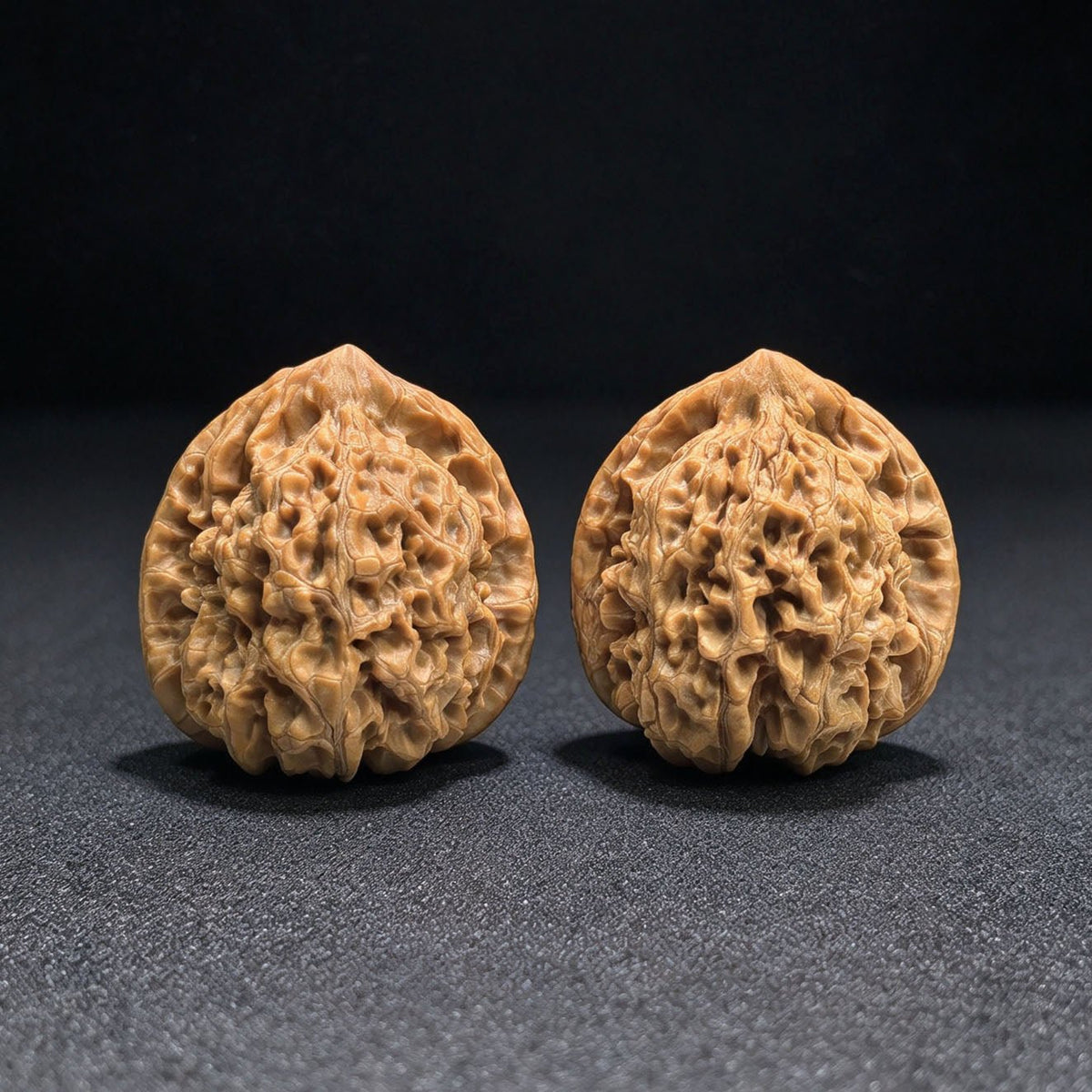 Peach-Heart Concave-Base Qilin Pattern Wenwan Walnut Pair | Broad Deep-Textured Form | 48.0mm × 44.0mm | TXBDQLW-17G6 - ThePatinaProject
