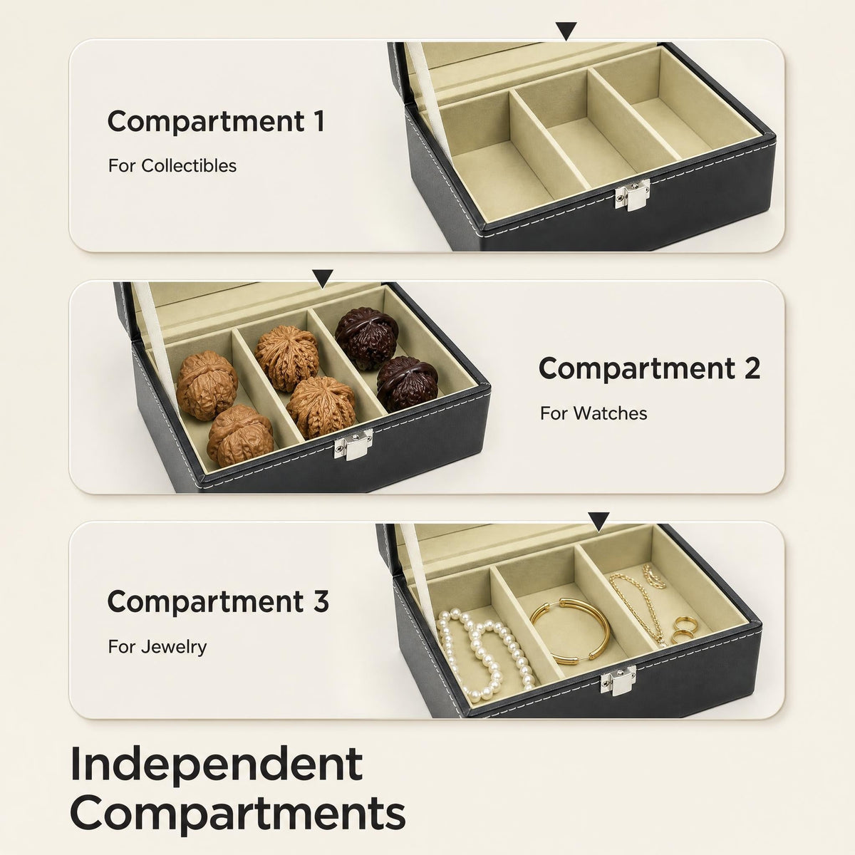 Premium 3-Compartment Leather-Finish Wenwan Walnut Display & Storage Box — 6.18" x 4.37" x 3.11" - ThePatinaProject