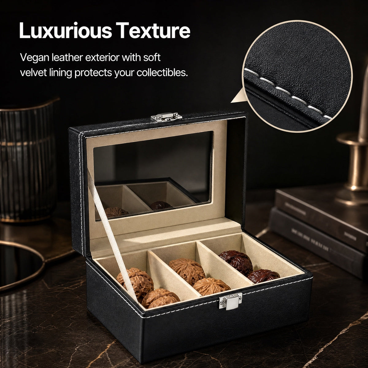 Premium 3-Compartment Leather-Finish Wenwan Walnut Display & Storage Box — 6.18" x 4.37" x 3.11" - ThePatinaProject