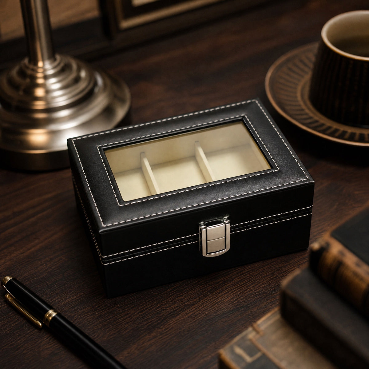 Premium 3-Compartment Leather-Finish Wenwan Walnut Display & Storage Box — 6.18" x 4.37" x 3.11" - ThePatinaProject