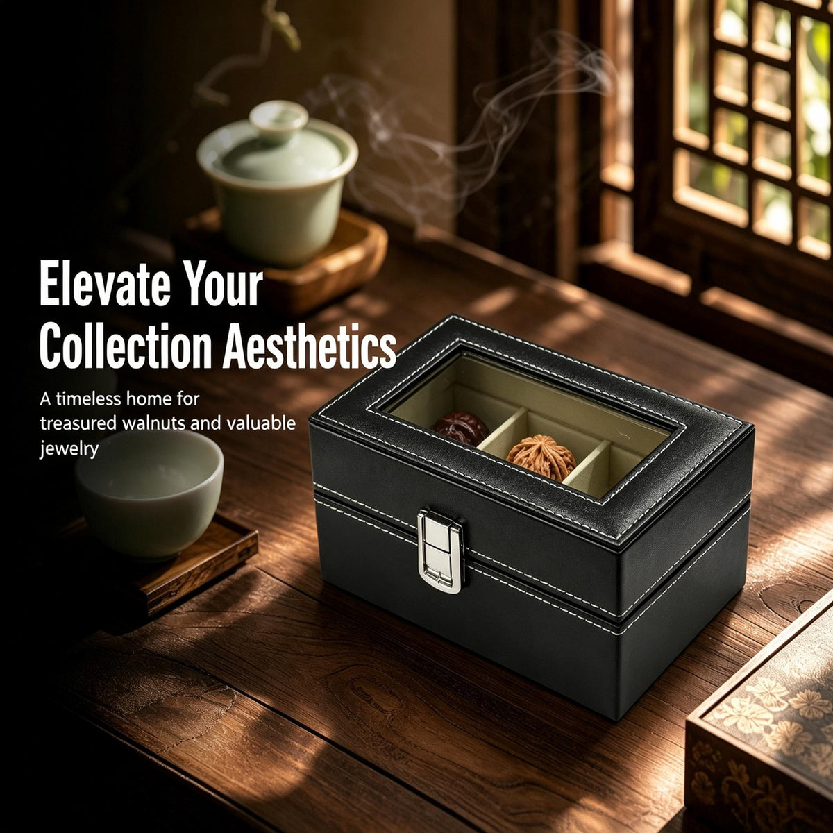 Premium 3-Compartment Leather-Finish Wenwan Walnut Display & Storage Box — 6.18" x 4.37" x 3.11" - ThePatinaProject