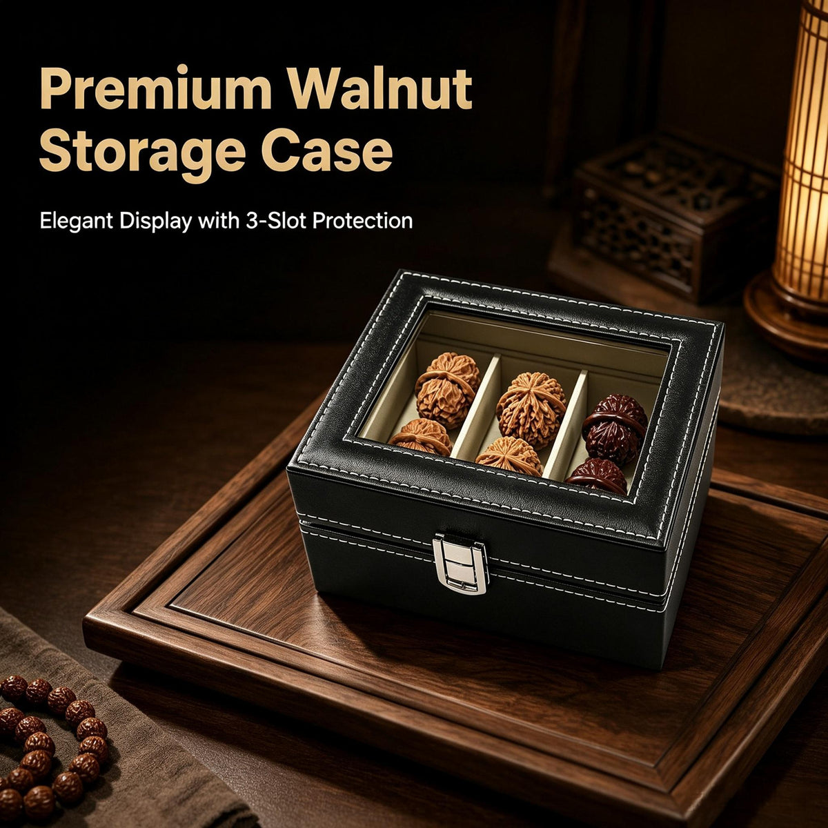 Premium 3-Compartment Leather-Finish Wenwan Walnut Display & Storage Box — 6.18" x 4.37" x 3.11" - ThePatinaProject