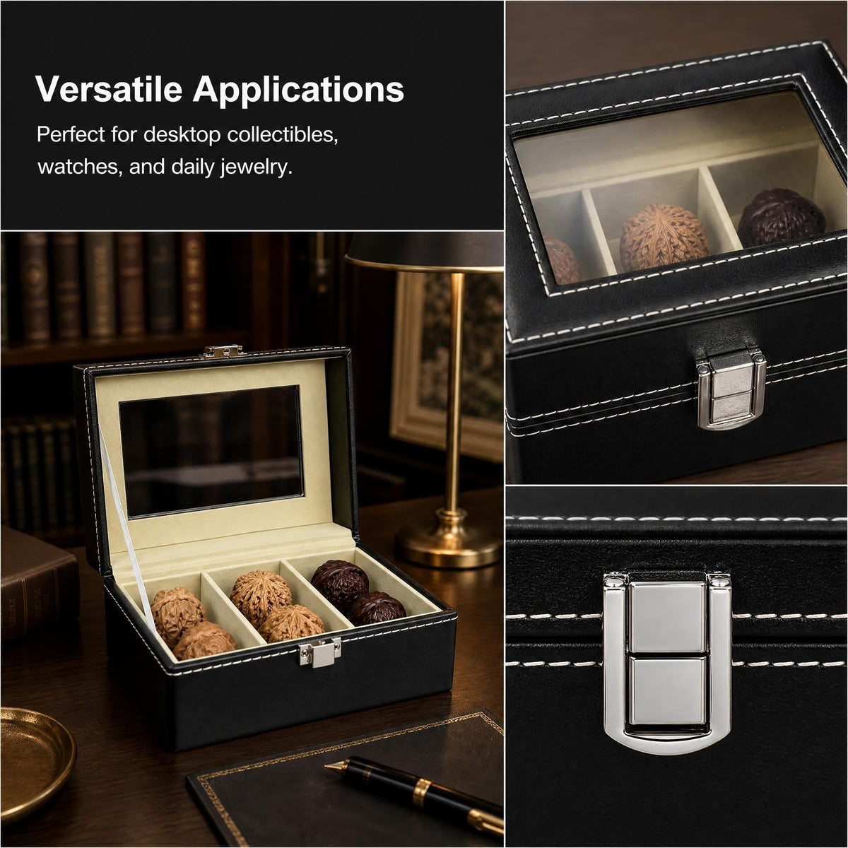 Premium 3-Compartment Leather-Finish Wenwan Walnut Display & Storage Box — 6.18" x 4.37" x 3.11" - ThePatinaProject