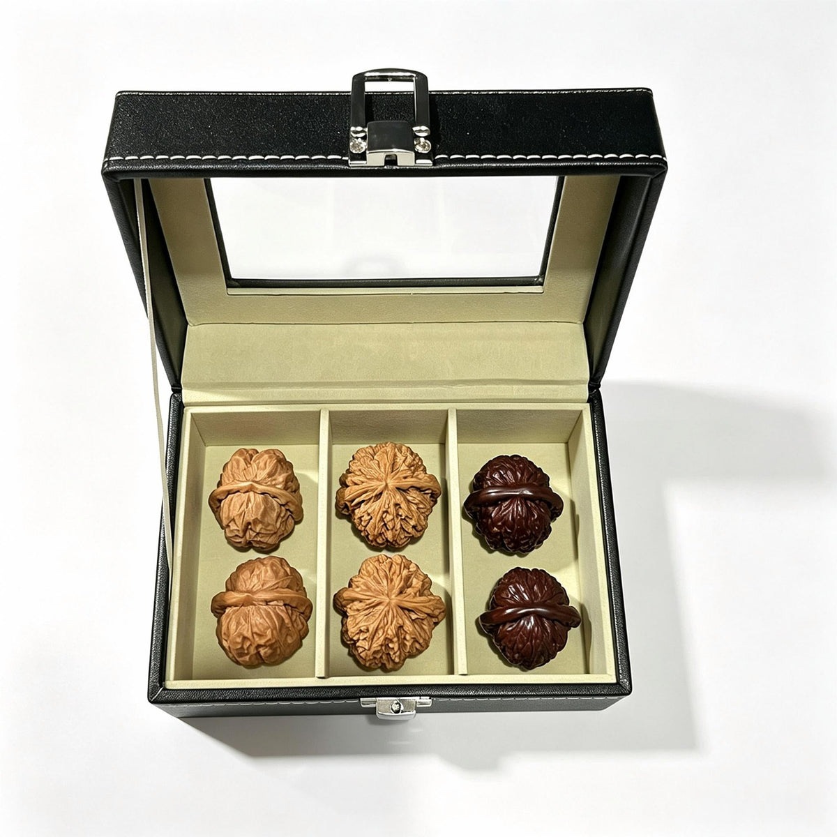 Premium 3-Compartment Leather-Finish Wenwan Walnut Display & Storage Box — 6.18" x 4.37" x 3.11" - ThePatinaProject