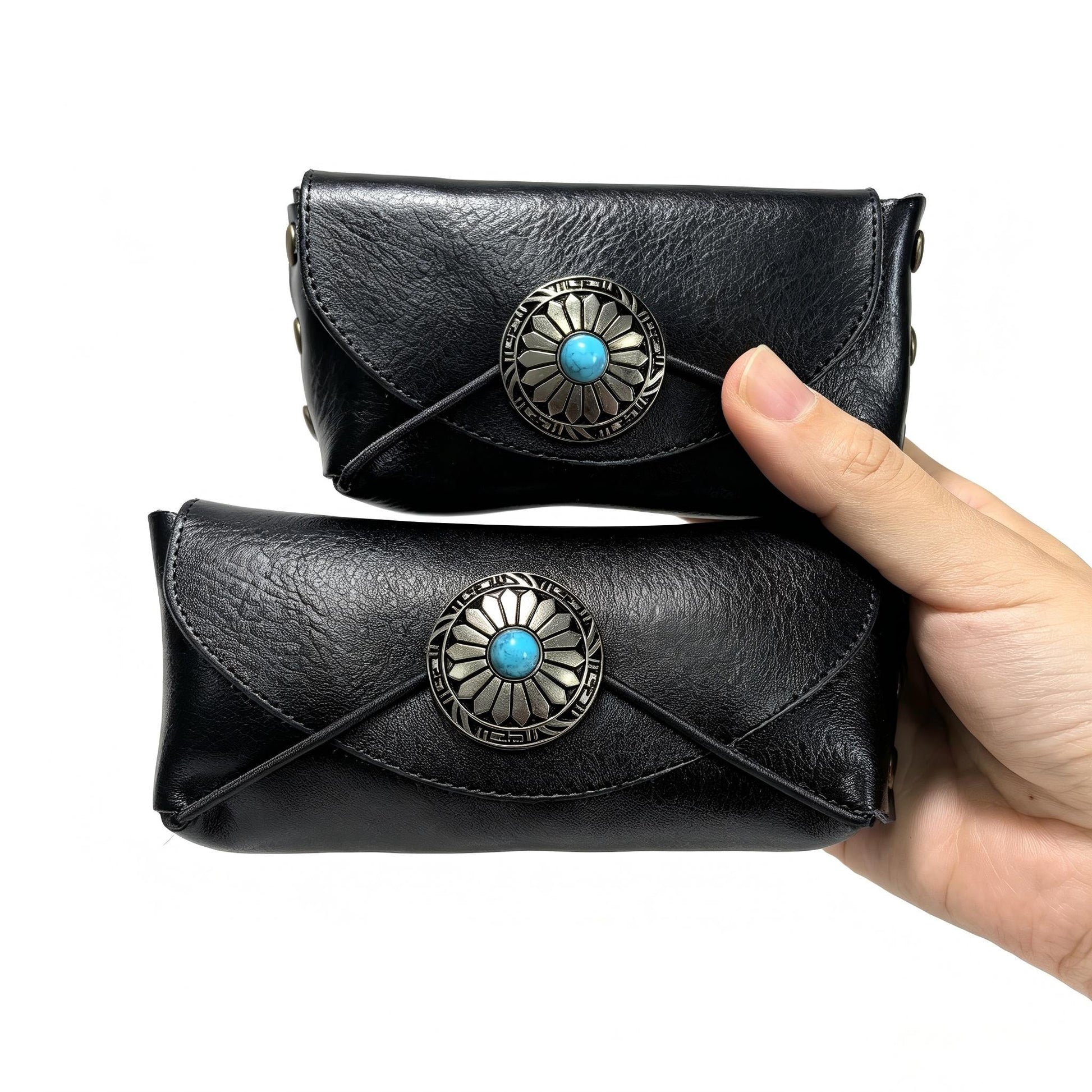 Premium Leather Wenwan Walnut Pouch – Vintage Concho Dual-Compartment Carrying Case - ThePatinaProject