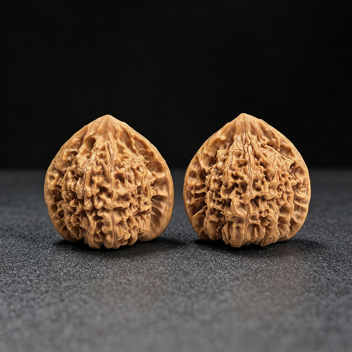 “Qilin Pattern” Peach-Heart Concave-Base Wenwan Walnut Pair | 48.0mm × 39.0mm | QLWTXBD-17G3 - ThePatinaProject