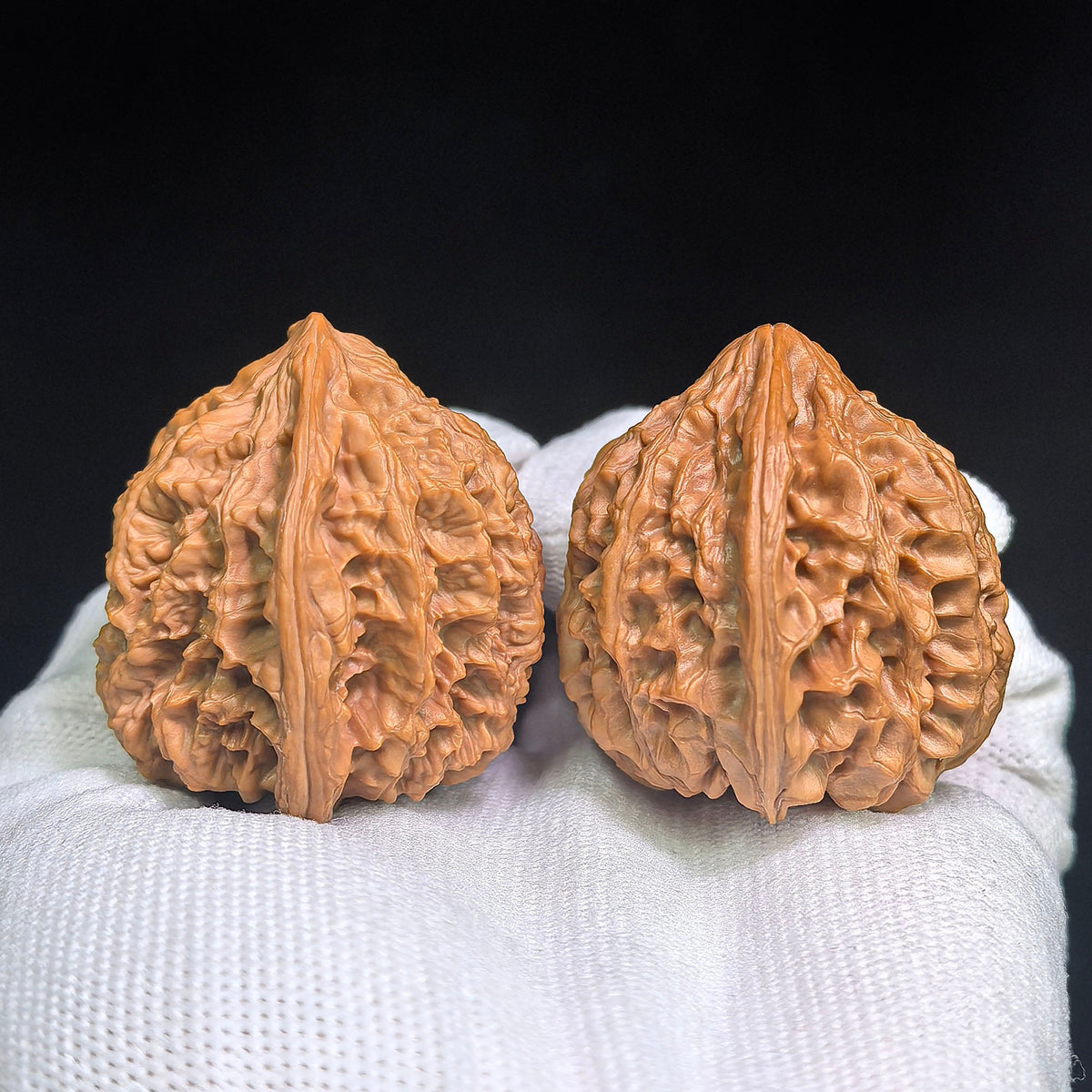 Red-Shell Wild Ox “Tian Can Jiao” Wenwan Walnuts Pair | Sculptural Natural Form | 41.0mm × 39.0mm | YN-C1E3E - ThePatinaProject