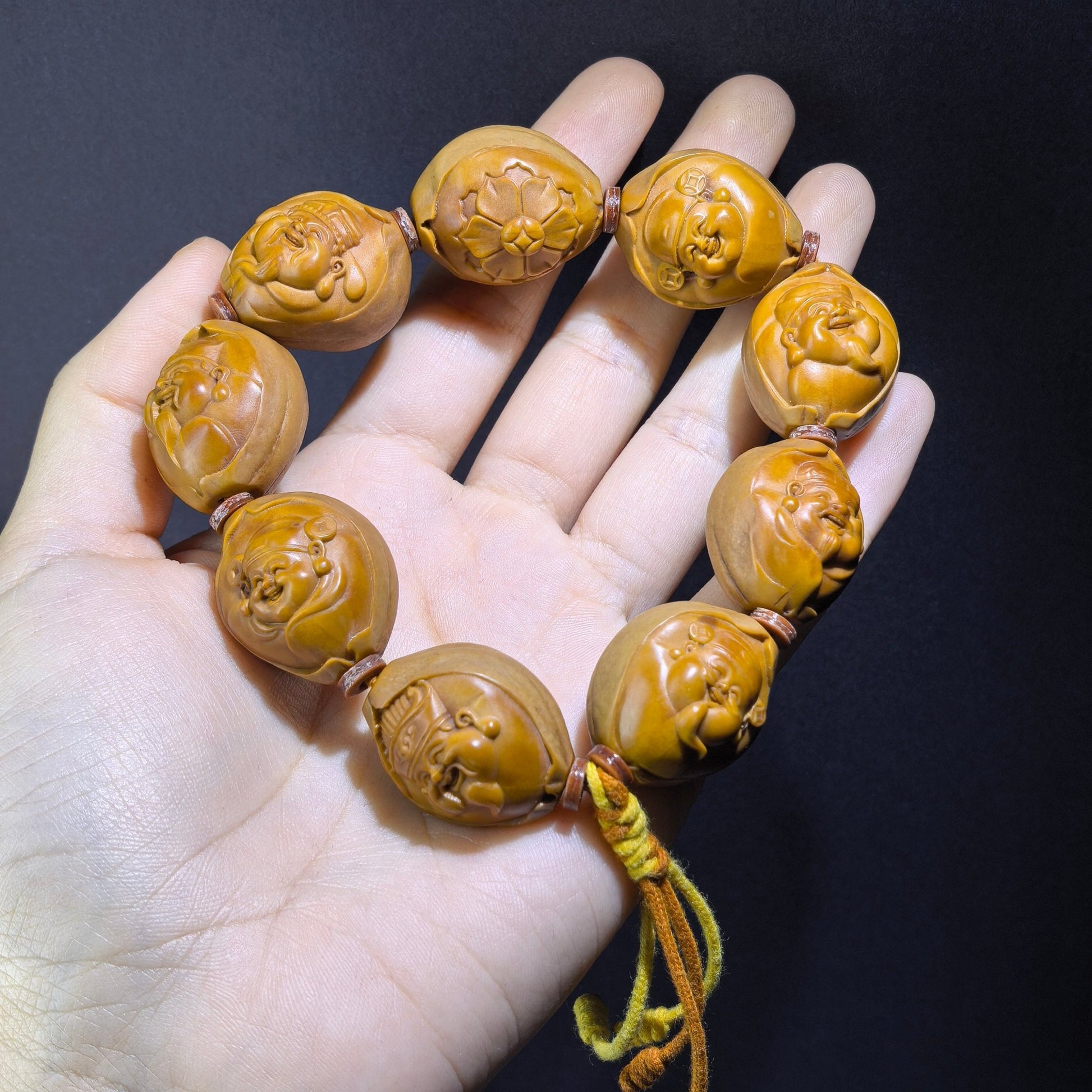 The "Eight Directions of Wealth" (Ba Fang Lai Cai) Master-Carved Olive Pit Bracelet | 9-Bead Crystal Pit Series | GLHSC-001H - ThePatinaProject