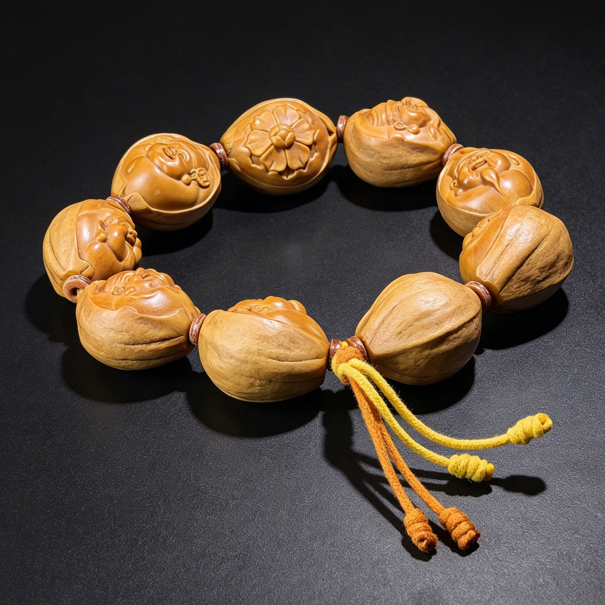 The "Eight Directions of Wealth" (Ba Fang Lai Cai) Master-Carved Olive Pit Bracelet | 9-Bead Crystal Pit Series | GLHSC-001H - ThePatinaProject