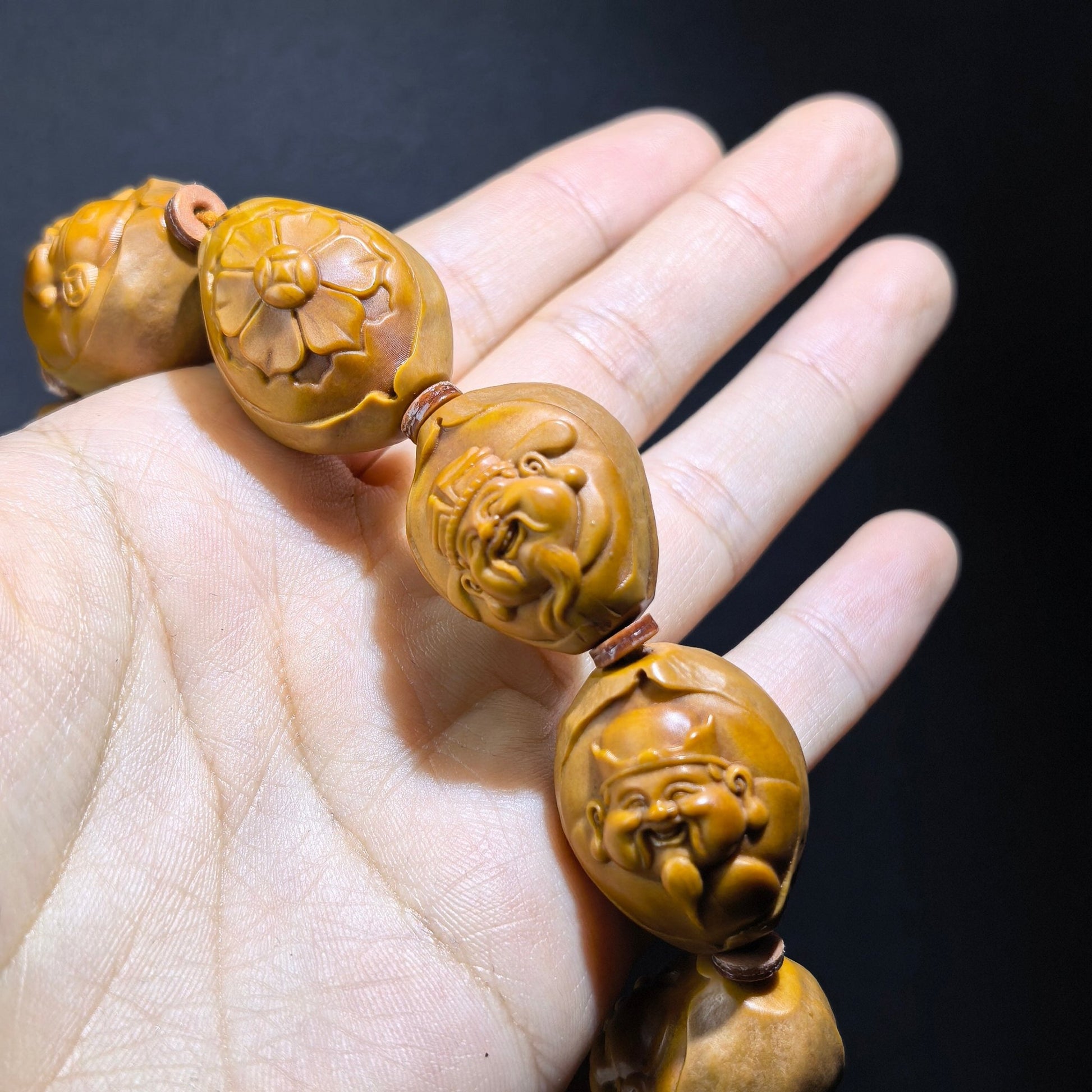 The "Eight Directions of Wealth" (Ba Fang Lai Cai) Master-Carved Olive Pit Bracelet | 9-Bead Crystal Pit Series | GLHSC-001H - ThePatinaProject
