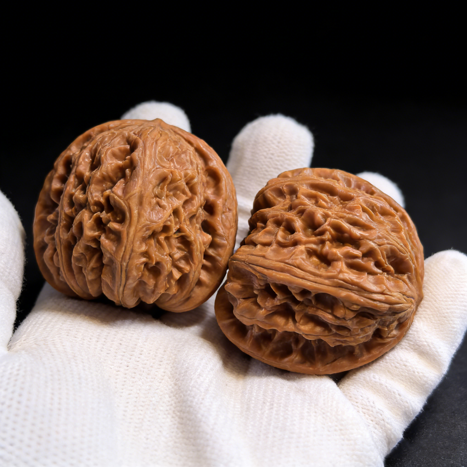 Walnut hand exercisers featuring the "Grand White Lion" design, large 46mm collector's pair by The Patina Project.