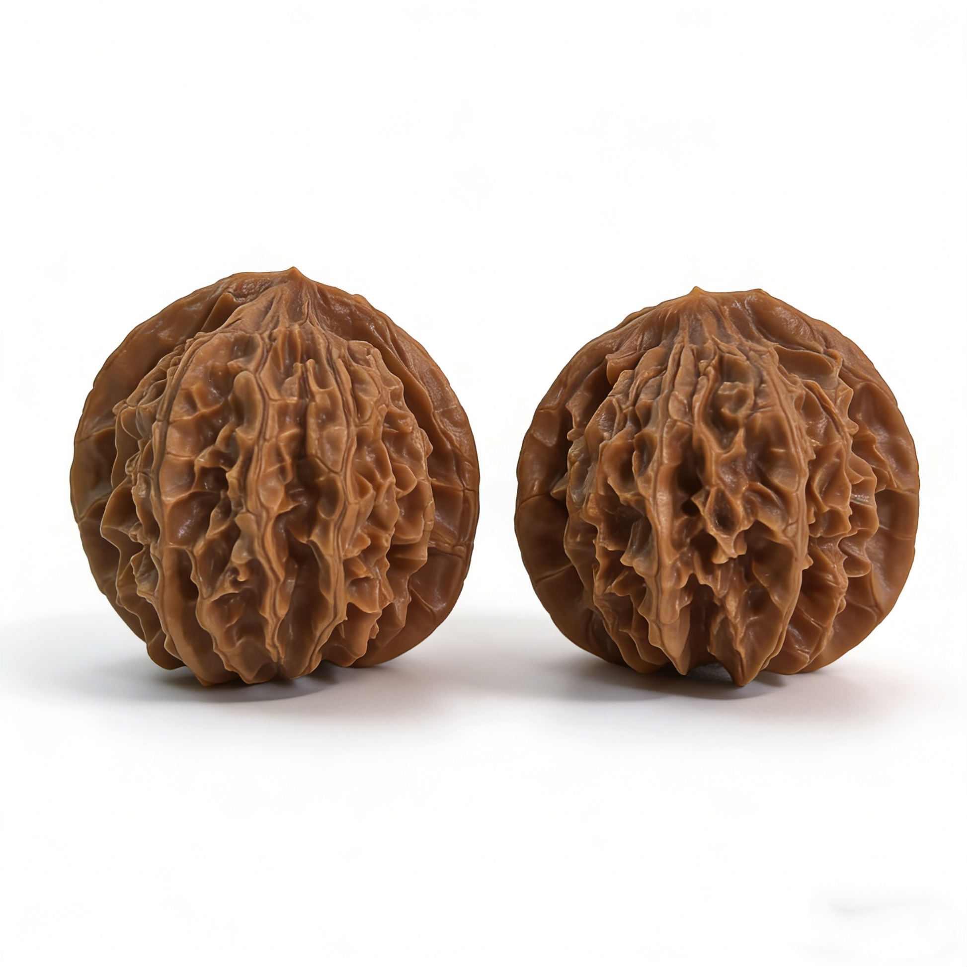 Pair of Walnut hand exercisers called Lantern by The Patina Project, featuring deep volcanic ridges and classic sphere design.