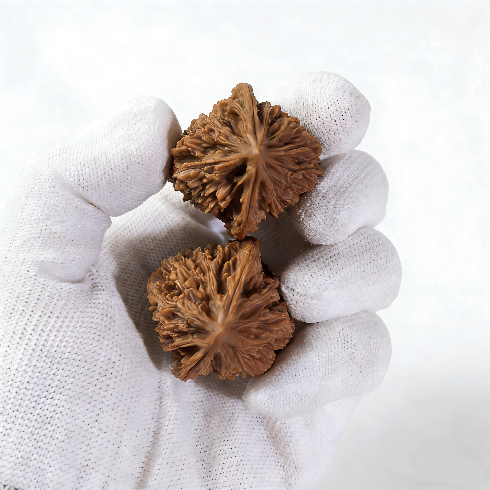 Pair of walnut hand exercisers from The Patina Project's Meteor Shower collection with celestial stardust texture, 35mm size.