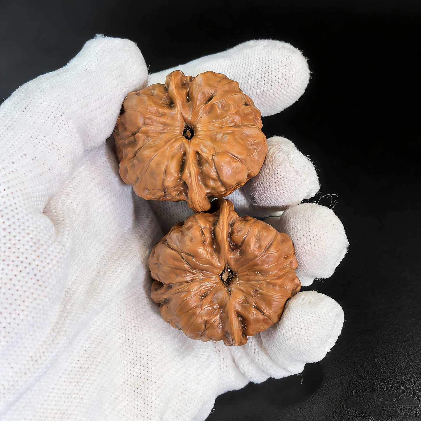 Walnut hand exercisers from The Patina Project’s Toad Head collector’s pair, featuring rare low-profile architecture, 36mm size.