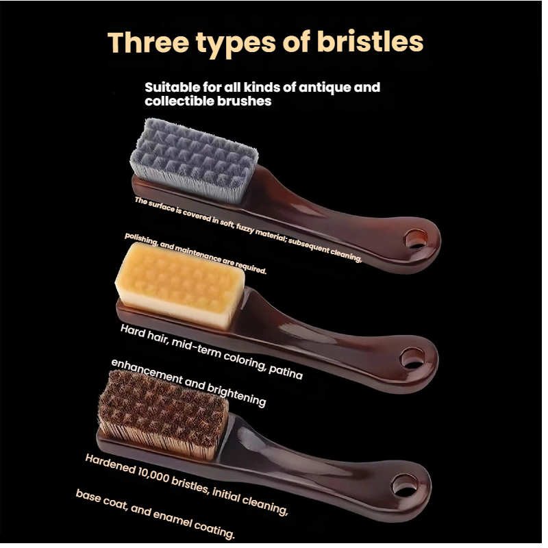 Genuine leather pouch and 3-stage brush system from ThePatinaProject Patina Artisan care kit displayed on a white background.