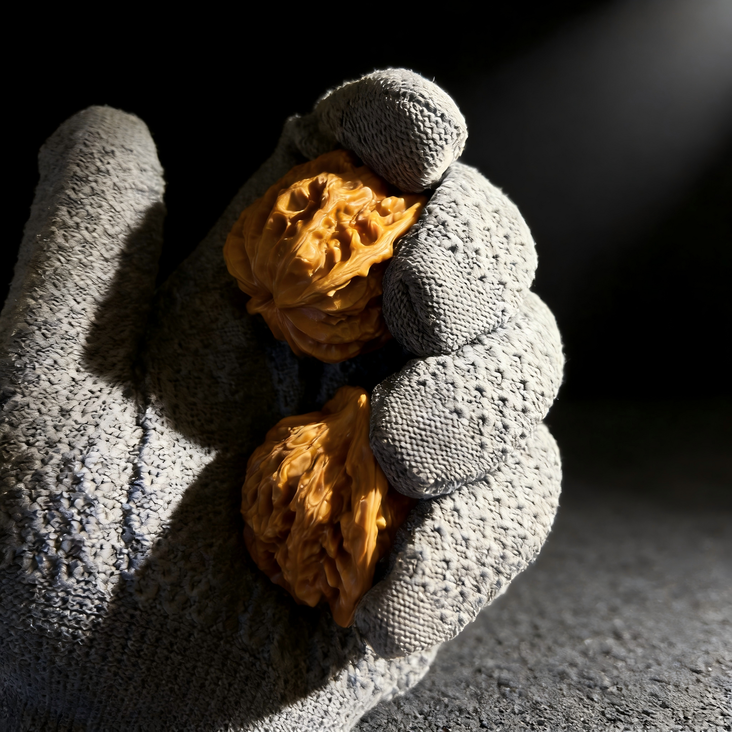 Pair of walnut polishing gloves from ThePatinaProject's Patina Care Duo for cleaning and shining wooden surfaces.